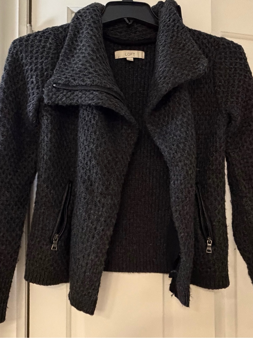 LOFT Charcoal Knit Zip-Front Sweater Cardigan